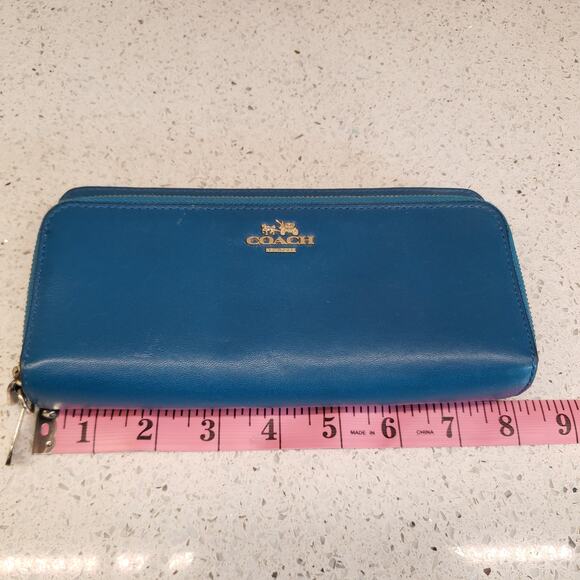 Coach Womens Accordion Zip Wallet Teal Blue Leather Wallet - Picture 15 of 16